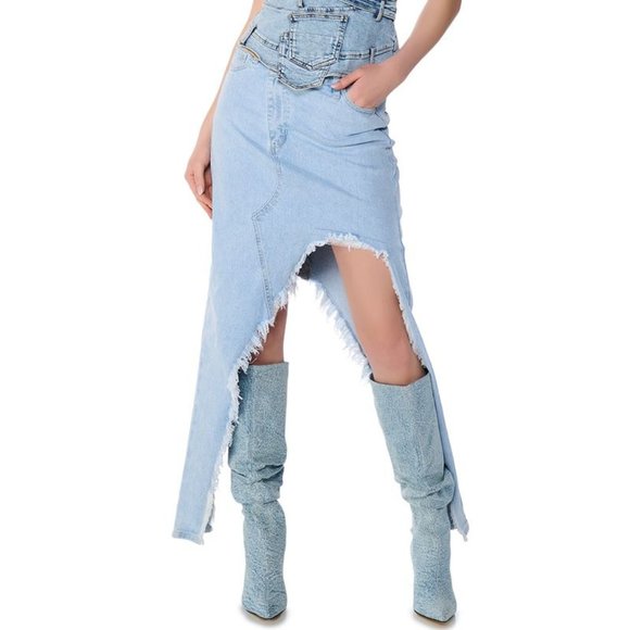 AKIRA Dresses & Skirts - Akira JUST WANNA DANCE HIGH LOW DENIM SKIRT IN LIGHT BLUE DENIM